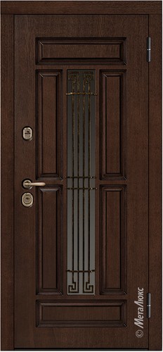 Входная дверь Grandwood СМ462/23 темный орех, патина / белый + стеклопакет