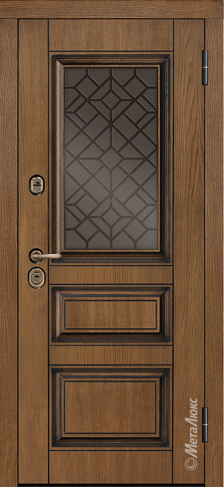 Входная дверь Grandwood СМ465/69 тик, патина / белый + стеклопакет