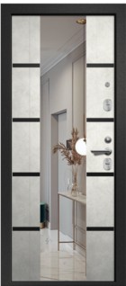 Входная дверь Орфей-600 бетон тёмный / бетон снежный + вставка зеркало, молдинг хром - вид изнутри