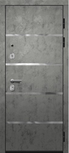 Входная дверь Орфей-600 бетон тёмный / бетон снежный + вставка зеркало, молдинг хром