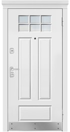 Входная дверь АВРОРА 451 Е1 стеклопакет, капитель белый / белый