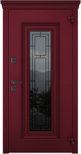 Входная дверь AG6044 Багряный рубин / Белый камень, стеклопакет, капитель